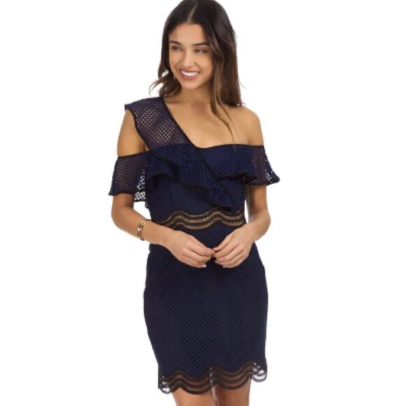 Saylor Luca Mini Dress Drop One Shoulder Navy Blue Mesh size Medium - Picture 1 of 16